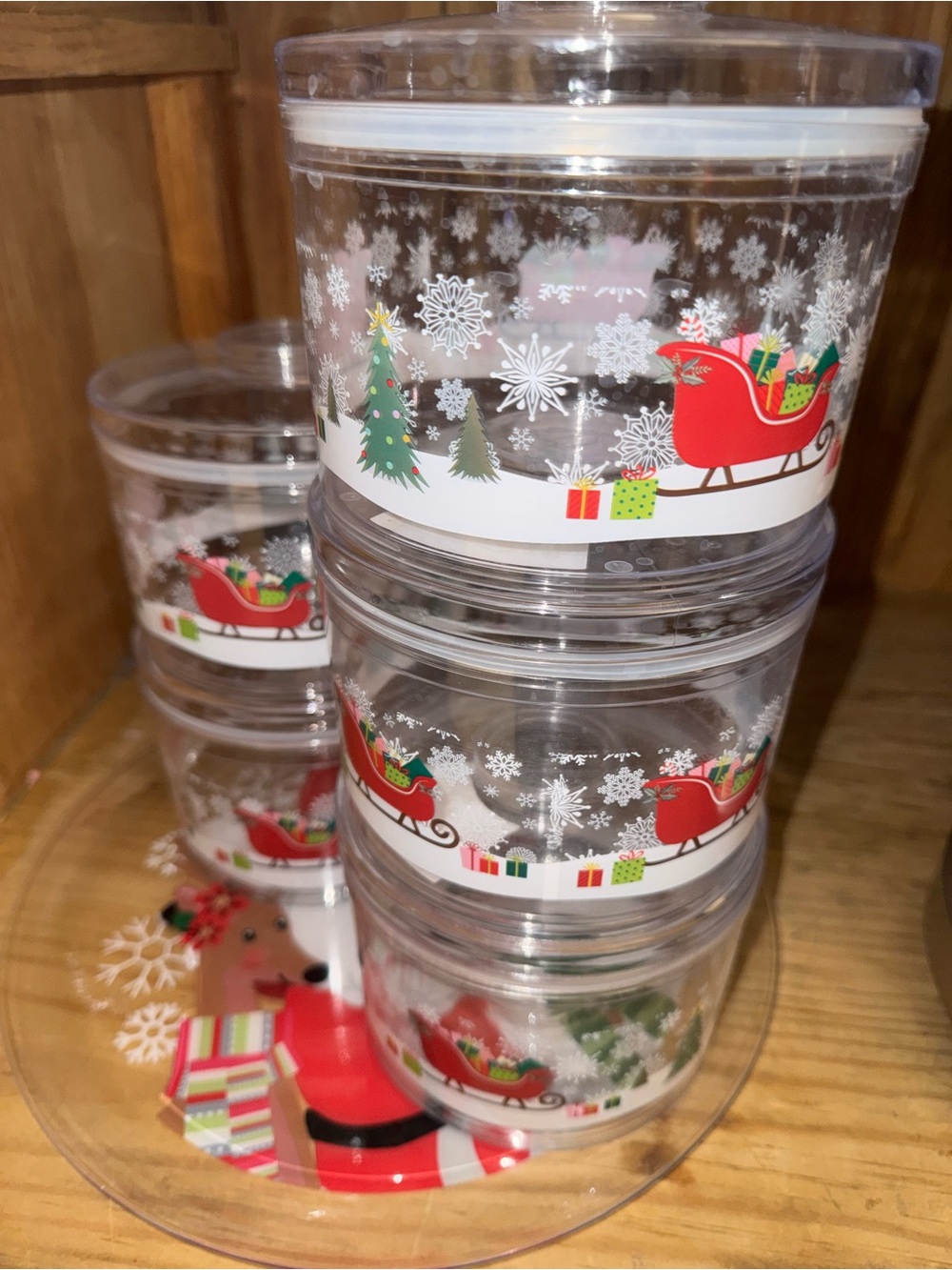 Christmas Clear Plastic Treat Canisters and Tray with Red Sleigh Design